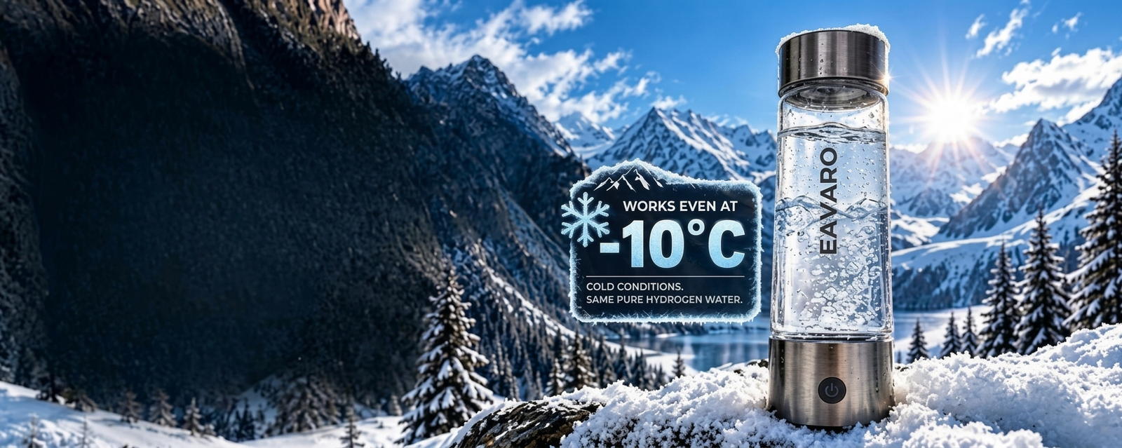 EAVARO hydrogen water bottle on a snowy mountain peak